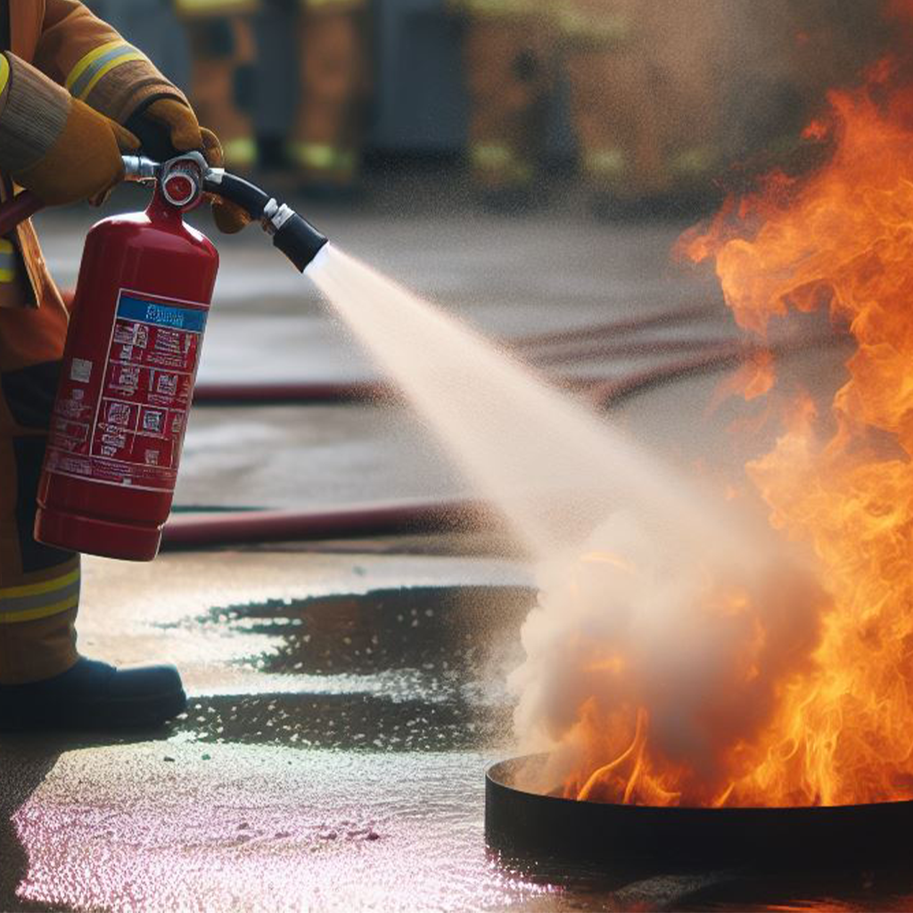 A man is doing firefighting and fire safety training by holding a red fire extinguisher that is on fire.