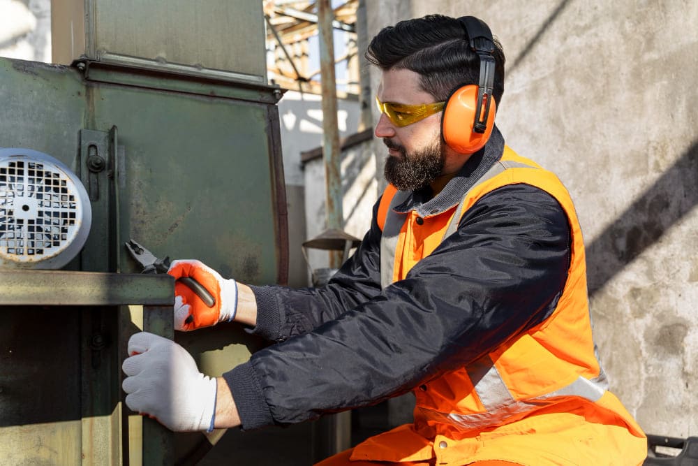 A man working at the site wearing safety equipment.